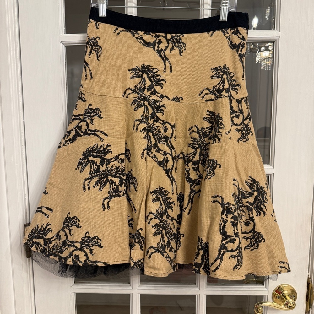ANTHROPOLOGIE ODILLE Women's Tan Iconic Wild Horses Full Skirt Size 6